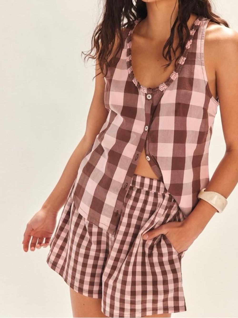 Free People Pink and Brown Gingham Button-Down Tank &Shorts Set
